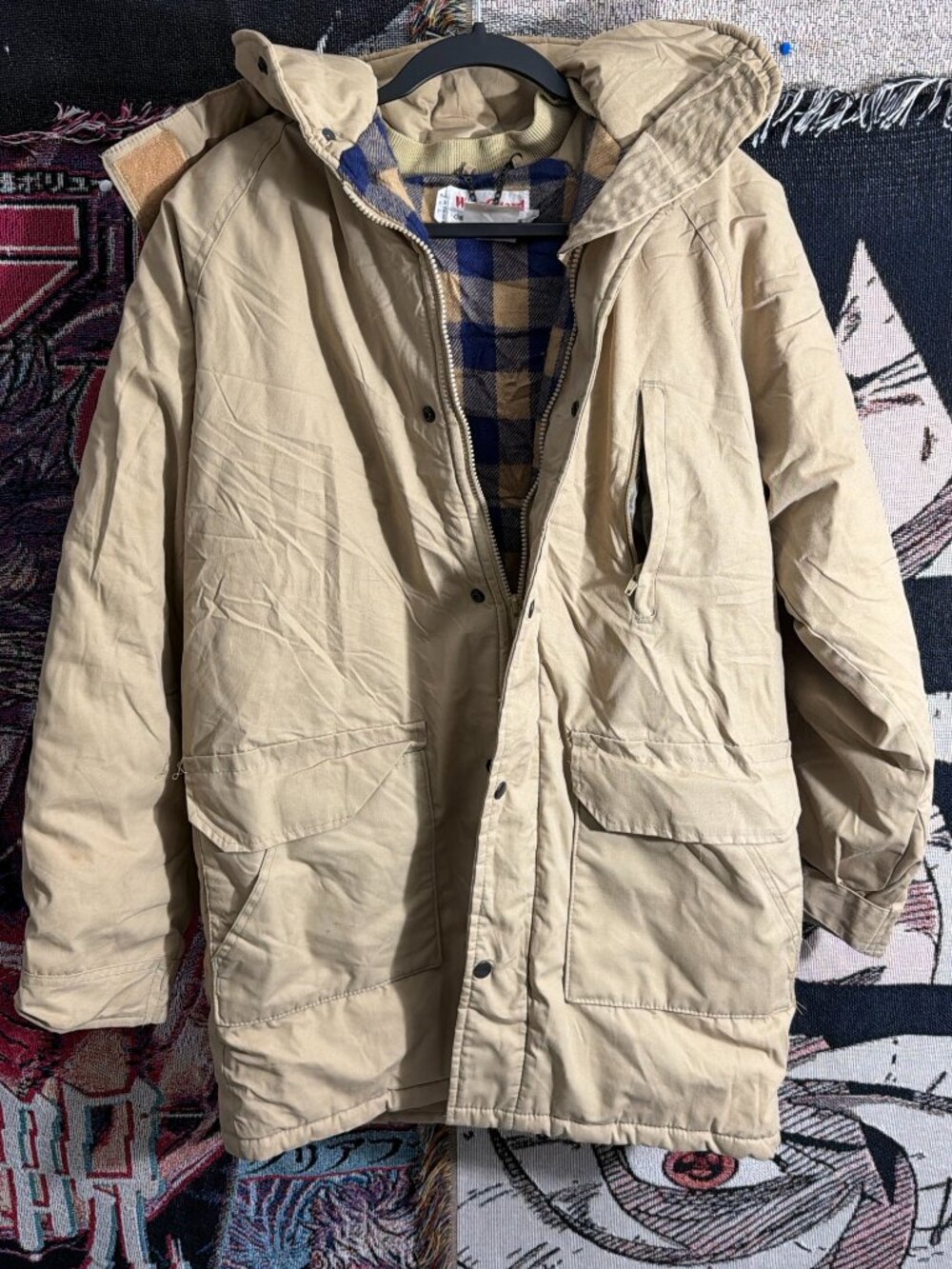Vintage 80s WearGuard Flannel Lined Hooded Chore Parka Khaki Buffalo Plaid S